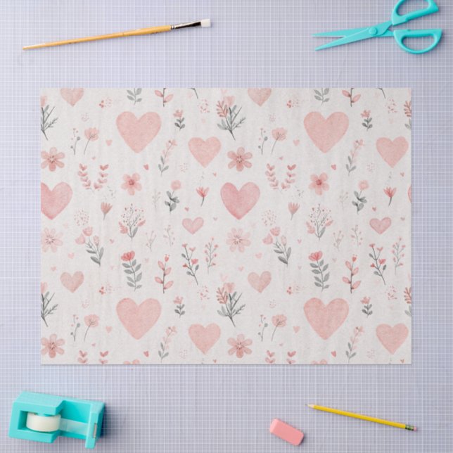 Blush Floral Heart Pattern Tissue Paper (Craft)