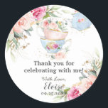 Blush Floral High Tea Party Baby Bridal Birthday Classic Round Sticker<br><div class="desc">These sticker labels are the perfect for bridal shower,  baby shower,  birthday party and more occasions!  Featuring a pretty baby blue teapot,  tea cups,  beautiful watercolor blush pink roses and dainty green and gold foliage.  Matching items available in store!  (c) The Happy Cat Studio.</div>
