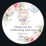 Blush Floral High Tea Party Baby Bridal Birthday Classic Round Sticker<br><div class="desc">These sticker labels are the perfect for bridal shower,  baby shower,  birthday party and more occasions!  Featuring a pretty baby blue teapot,  tea cups,  beautiful watercolor blush pink roses and dainty green and gold foliage.  Matching items available in store!  (c) The Happy Cat Studio.</div>