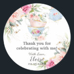 Blush Floral High Tea Party Baby Bridal Birthday Classic Round Sticker<br><div class="desc">These sticker labels are the perfect for bridal shower,  baby shower,  birthday party and more occasions!  Featuring a pretty baby blue teapot,  tea cups,  beautiful watercolor blush pink roses and dainty green and gold foliage.  Matching items available in store!  (c) The Happy Cat Studio.</div>