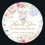 Blush Floral High Tea Party Baby Bridal Birthday Classic Round Sticker<br><div class="desc">These sticker labels are the perfect for bridal shower,  baby shower,  birthday party and more occasions!  Featuring a pretty baby blue teapot,  tea cups,  beautiful watercolor blush pink roses and dainty green and gold foliage.  Matching items available in store!  (c) The Happy Cat Studio.</div>