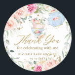 Blush Floral High Tea Party Baby Bridal Birthday Classic Round Sticker<br><div class="desc">These sticker labels are the perfect for bridal shower,  baby shower,  birthday party and more occasions!  Featuring a pretty baby blue teapot,  tea cups,  beautiful watercolor blush pink roses and dainty green and gold foliage.  Matching items available in store!  (c) The Happy Cat Studio.</div>