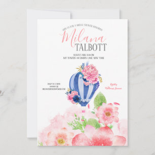 Blush Floral Hot Air balloon bridal shower Invitation