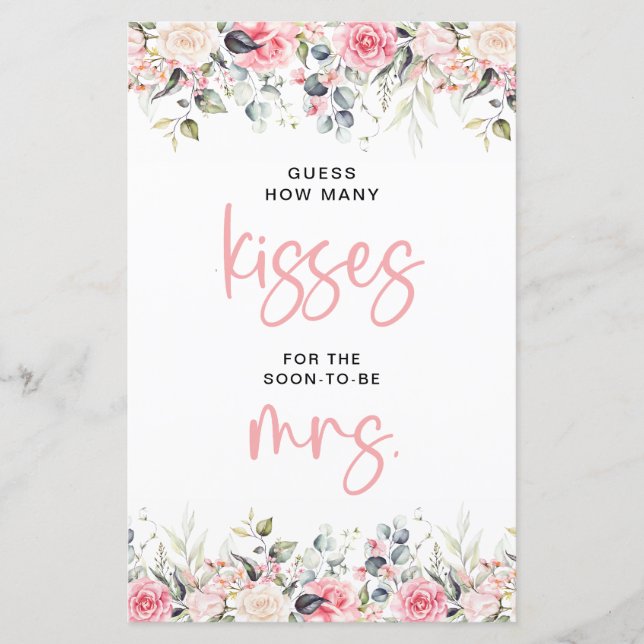 Blush Floral | How Many Kisses For The Bride Game  (Front)