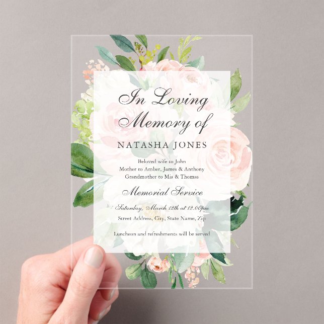 Blush Floral Leaf Clear Acrylic Memorial Service  Acrylic Invitations (Insitu (Handheld))