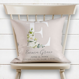 Blush Floral Letter E Monogram Baby Birth Stats Throw Pillow
