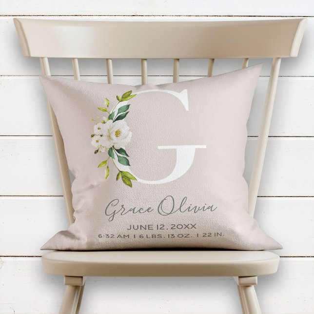 Blush Floral Letter G Monogram Baby Birth Stats Throw Pillow (Creator Uploaded)