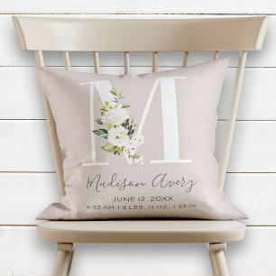 Blush Floral Letter M Monogram Baby Birth Stats Throw Pillow