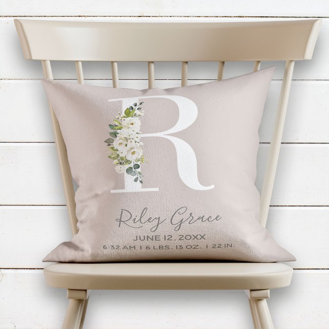 Blush Floral Letter R Monogram Baby Birth Stats Throw Pillow (Creator Uploaded)