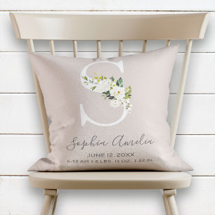Blush Floral Letter S Monogram Baby Birth Stats Throw Pillow
