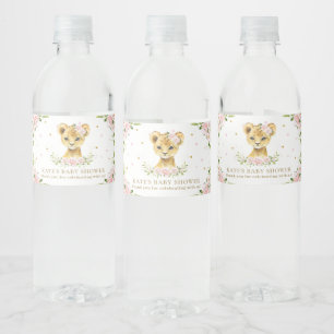 Blush Floral Lion Cub Baby Shower 1st Birthday Water Bottle Label