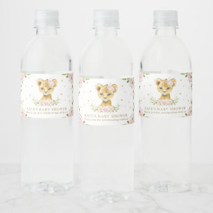 Blush Floral Lion Cub Baby Shower 1st Birthday Water Bottle Label