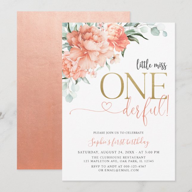 Blush Floral Little Miss Onederful 1st Birthday Invitation (Front/Back)