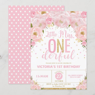 Blush Floral Little Miss Onederful 1st Birthday Invitation