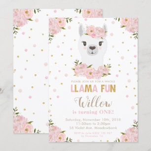 Blush Floral Llama Birthday Invitation
