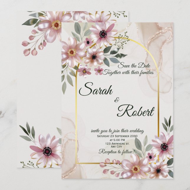 Blush Floral Marble Gold Arch Wedding Invite (Front/Back)