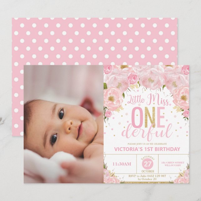 Blush Floral Miss Onederful 1st Birthday Photo Invitation (Front/Back)