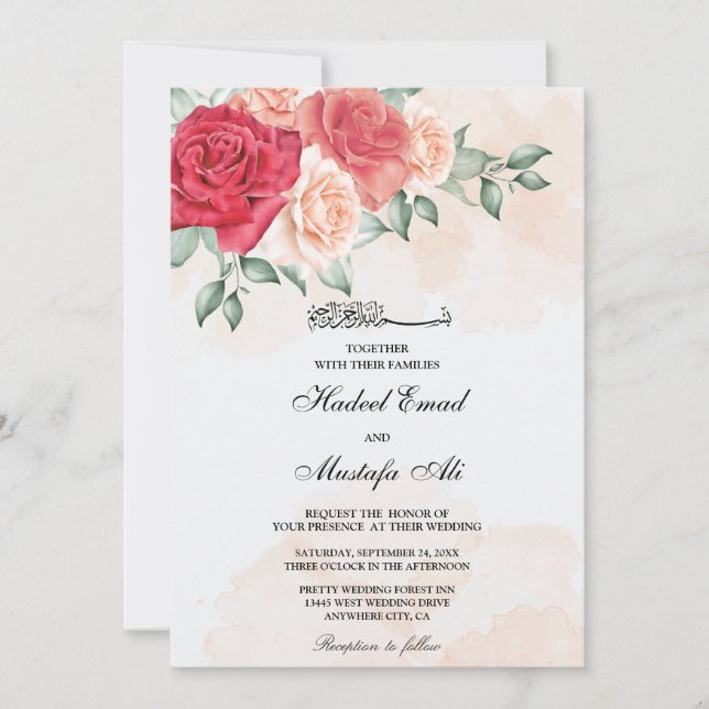 blush floral muslim wedding invitations (Front)