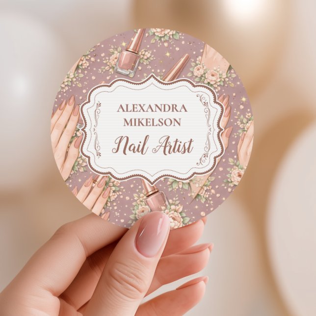 Blush Floral Nail Technician Business Classic Round Sticker (Creator Uploaded)