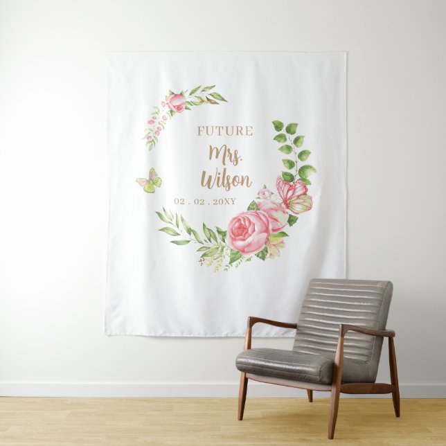 Blush Floral Name Bridal Shower Photo Backdrop Tapestry (In Situ)