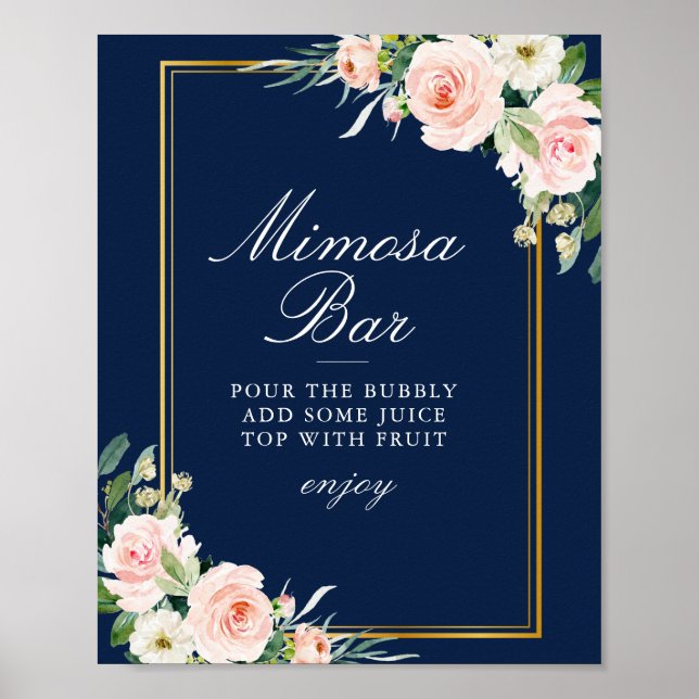 blush floral navy blue mimosa bar sign (Front)