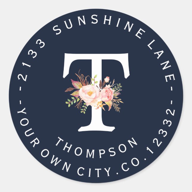 Blush Floral Navy Blue Monogram Address Label (Front)