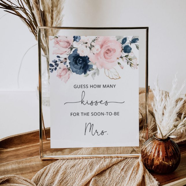 Blush floral navy how many kisses bridal game poster (Creator Uploaded)