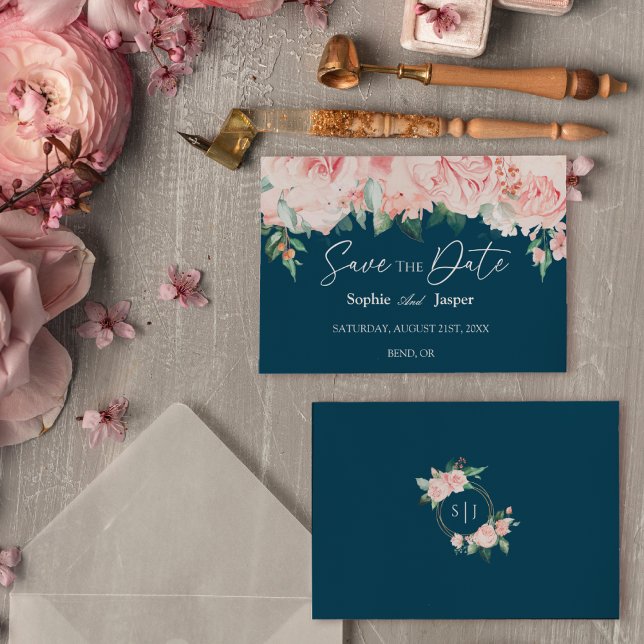 Blush Floral Navy Plat Enregistrer La Carte Date (Créateur téléchargé)