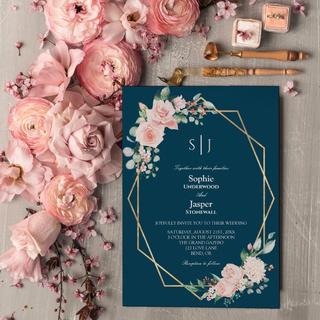 Blush Floral Navy Simple Monogram Wedding Invitation (Creator Uploaded)