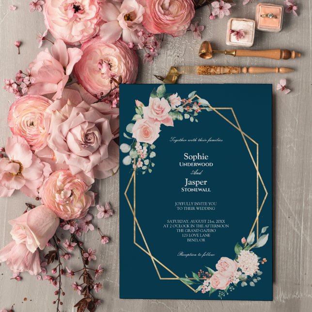 Blush Floral Navy Simple Wedding Invitation (Creator Uploaded)
