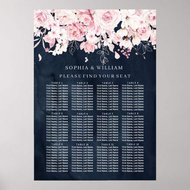 Blush Floral & Navy Table Wedding Seating Chart (Front)