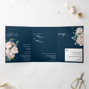 Blush Floral Navy Tri-Fold Wedding Invitation