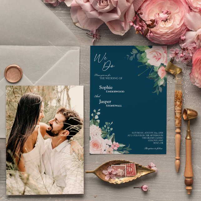 Blush Floral Navy We Do Photo Wedding Invitation (Creator Uploaded)
