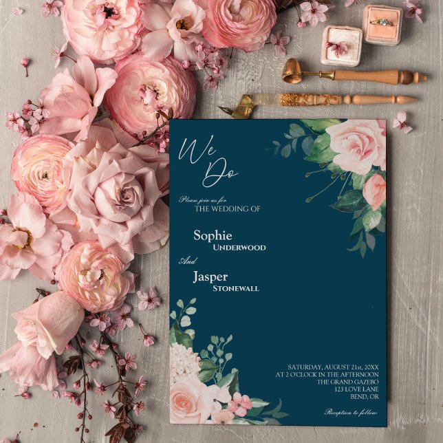 Blush Floral Navy We Do Wedding Invitation (Creator Uploaded)