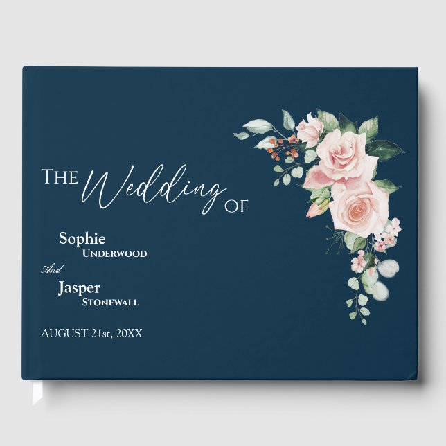 Blush Floral Navy Wedding Guest Book (Front)