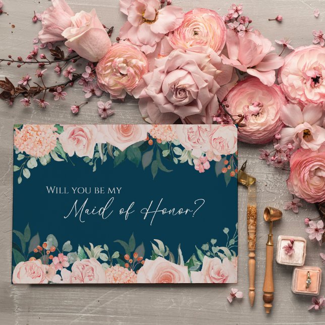 Blush Floral Navy Wedding Maid Of Honour Proposal Invitation (Creator Uploaded)