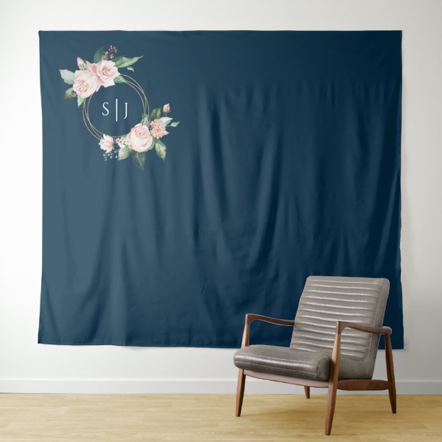 Blush Floral Navy Wedding Photo Backdrop Tapestry (In Situ (Horizontal))