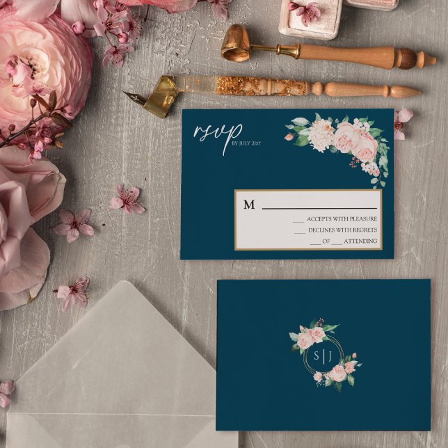 Blush Floral Navy Wedding Simple RSVP Card (Creator Uploaded)
