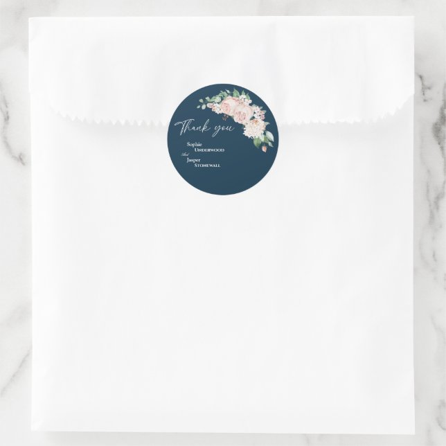 Blush Floral Navy Wedding Thank You Sticker (Bag)