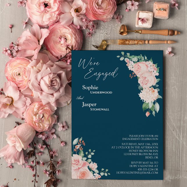 Blush Floral Navy We're Engaged Invitation (Creator Uploaded)
