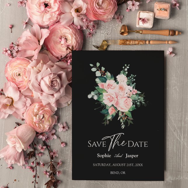 Blush Floral Noir Mariage Enregistrer La Carte Dat (Créateur téléchargé)