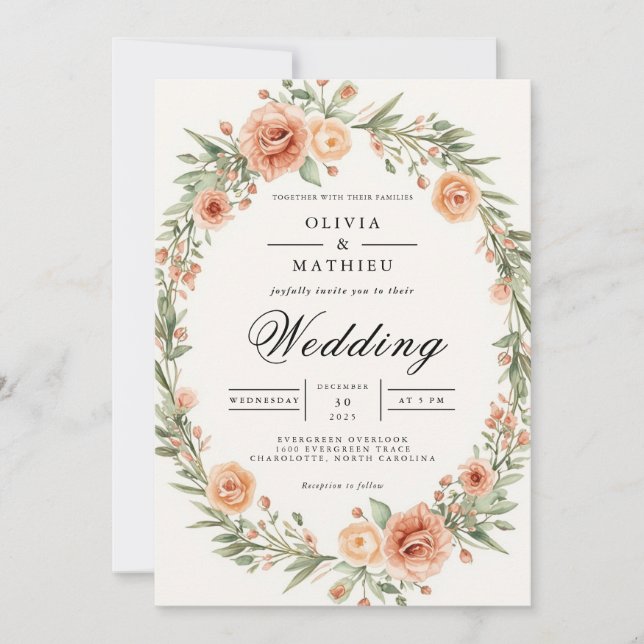 Blush Floral Oval Frame Wedding Invitation (Front)