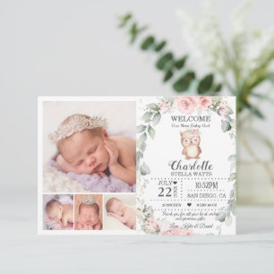 Blush Floral Owl Nouveau Faire-part de naissance p