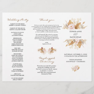 Blush Floral Pampas Grass Tri+Fold Wedding Program
