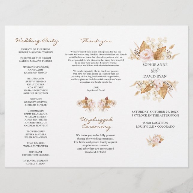 Blush Floral Pampas Grass Tri+Fold Wedding Program (Front)