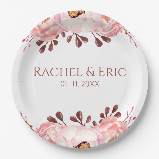Blush Floral Paper Plate with Custom Names (Front)