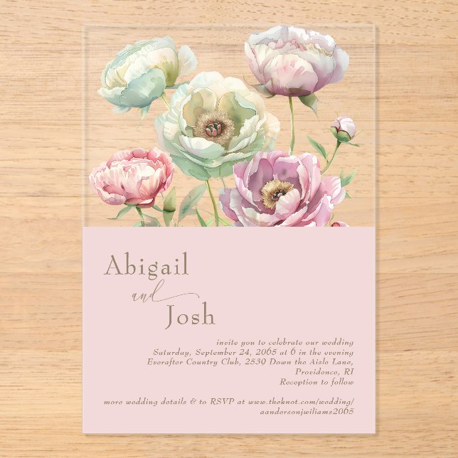 Blush Floral Peonies Acrylique Invitation (Recto)