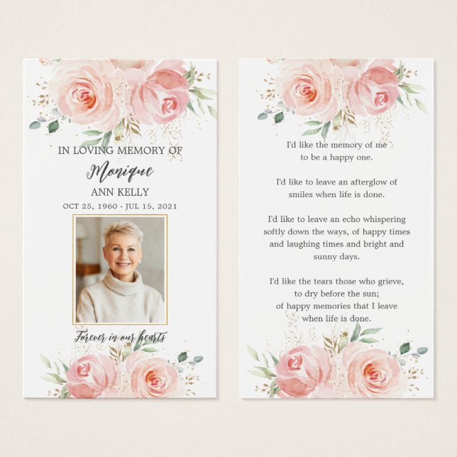 Blush Floral Photo Funeral Memorial Bookmark (Front & Back)