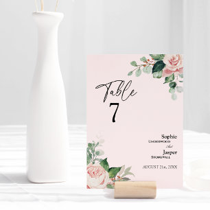 Blush Floral Pink Wedding Table Number Card