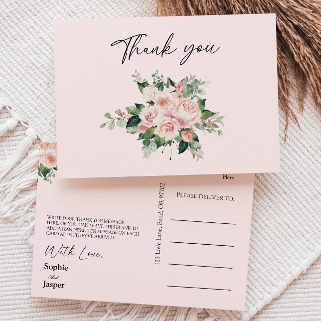 Blush Floral Pink Wedding Thank You Postcard (Creator Uploaded)